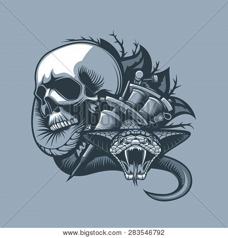 The Scene, From The Skull Comes A Dangerous Viper, Ready To Bite And Tattoo Machine. Monochrome Tatt