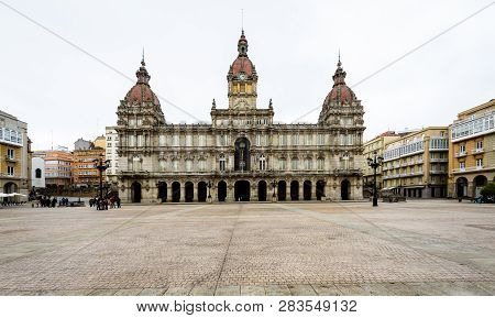 Maria Pita Square With Town Hall In Coruna Galicia.