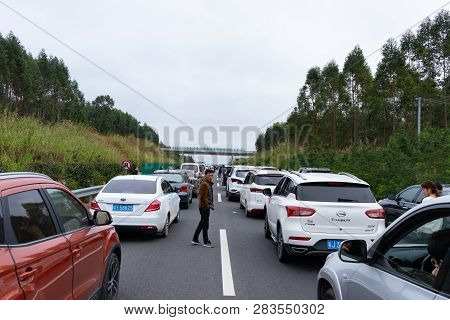 Guangxi,china-february 10,2019:tailbacks On The Last Holiday Of The Chinese New Year.cars Cannot Mov