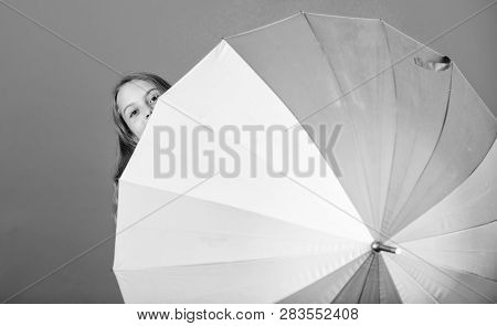 Color Your Life. Girl Cheerful Hide Behind Umbrella. Colorful Umbrella Accessory. Weather Forecast C