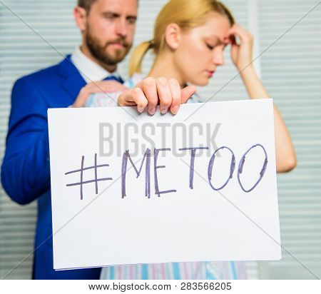Victim Assault At Workplace. Assault Targeted At Employee. Girl Hold Poster Hashtag Me Too While Col