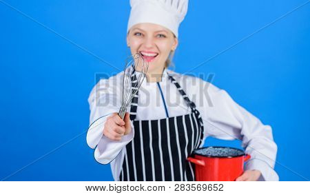 Whipping Like Pro. Girl In Apron Whipping Eggs Or Cream. Start Slowly Whisking Whipping Or Beating C