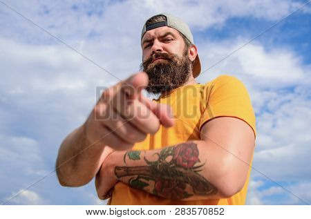 Hey You. Man Bearded Muscular Brutal Hipster Outdoors Sky Background. Masculinity And Brutality. Lum