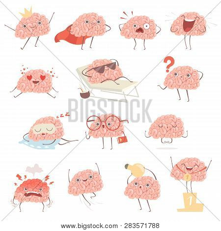 Brain Cartoon. Happy Cartoon Mascot In Action Poses Walking Sleeping Making Exercises Vector Illustr