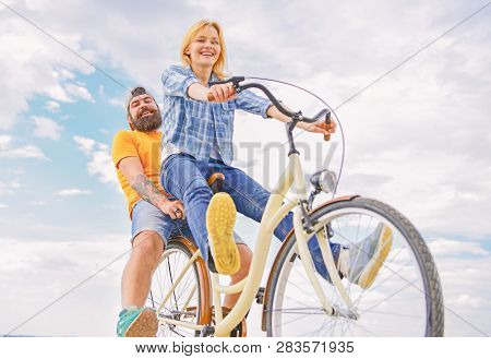 Couple With Bicycle Romantic Date Sky Background. Couple In Love Date Cycling. Explore City. Man And