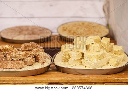 Halvah Sweet Traditional Food Dessert Made Of Nuts. Delicious Food, Tasty Healthy Snacks Concept.