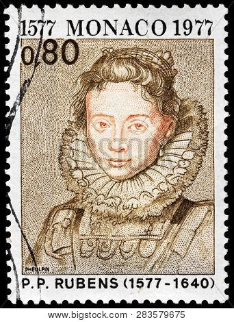 Luga, Russia - January 24, 2019: A Stamp Printed By Monaco Shows Image Portrait Of Maid Of Archduche