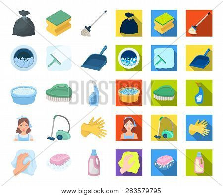 Cleaning And Maid Cartoon, Flat Icons In Set Collection For Design. Equipment For Cleaning Vector Sy