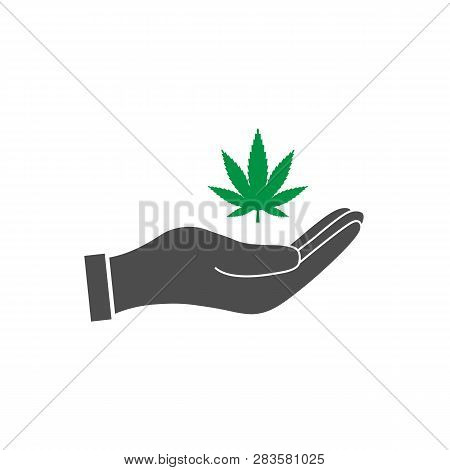 Cannabis, Marijuana Leaf In Hand Icon. Vector Illustration, Flat Design.