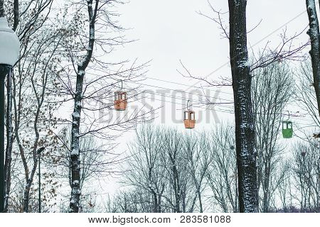 Group Of Cable Cars In The Air, Winter Season