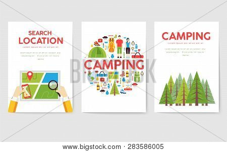 Camping Trip Cards Set. Hiking Template Of Flyear, Magazines, Posters, Book Cover, Banners. Trave To