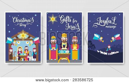 Merry Christmas  Vector Brochure Cards Set. Birth Of Christ Template Of Flyear, Magazines, Posters, 