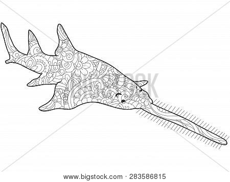 Sawfish Coloring Antistress, Drawings Black Lines And White Background. Nature, Flowers. Vector