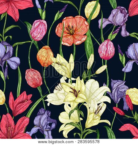 Fresh Seamless Pattern Of Tulips, Lilies, Irises In Color. Bright Floral Texture For Textiles, Fabri