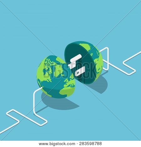 Flat 3d Isometric Earth Globe As A Plug And Socket Connected Together. Global Internet Communication