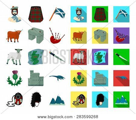 Country Scotland Cartoon, Flat Icons In Set Collection For Design. Sightseeing, Culture And Traditio