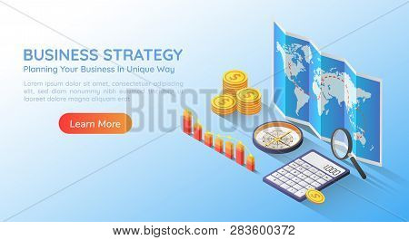 3d Isometric Web Banner Business Planning Strategy On World Map With Accessories And Graph. Business
