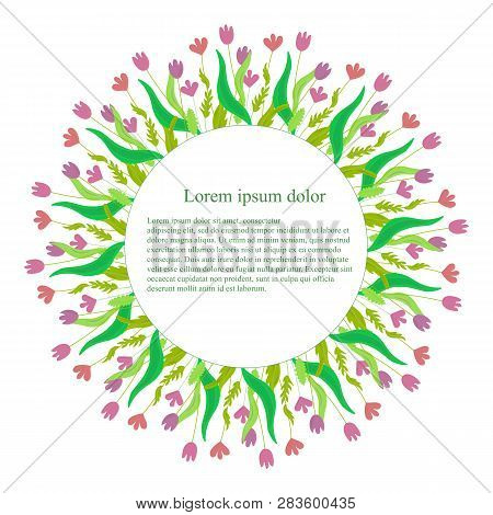 Meadow Round Romantic Monochrome Seamless Background, Lorem Ipsum. Outline Violet, Pink And Green Pl