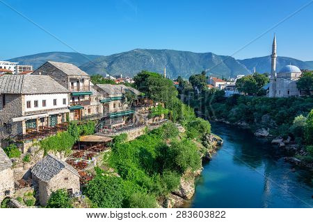 Nerevta River In Mostar, Bosnia And Herzegovina With The Koski Mehmed Pasha Mosque On The Bank Of Th