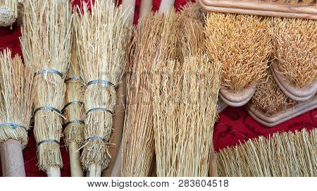 Many Artisanal Brushes And Brooms Made Of Sorghum For Sale In The Craft Fair