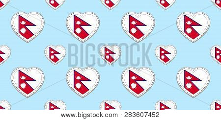 Nepal Flags Background. Nepalese Flag Seamless Pattern. Vector Stickers. Love Hearts Symbols. Good C