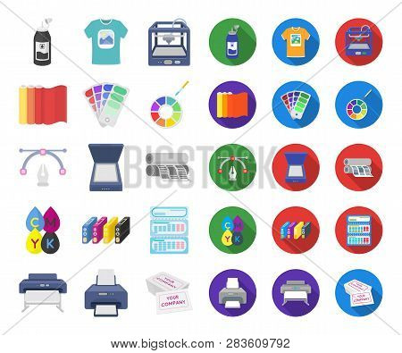 Typographical Products Cartoon, Flat Icons In Set Collection For Design. Printing And Equipment Vect
