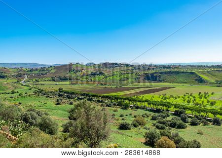 Scenic Landscape Of Sicily. Sicilian Countryside Landscape. Hills Skyline In Sunny Day.