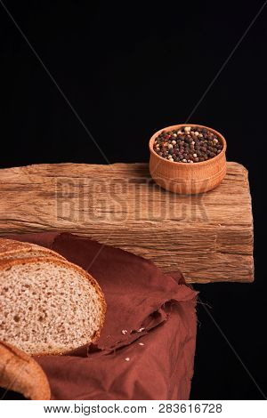 Bowl Of Various Pepper Peppercorns Seeds Mix On Table Rastic Style Background