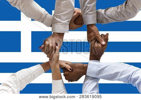 Greece Flag, Intergration Of A Multicultural Group Of Young People