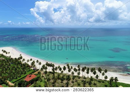 Aerial View Of Carneiros Beach, Tamandaré, Pernambuco, Brazil. Great Beach Scene. Beautiful Landscap