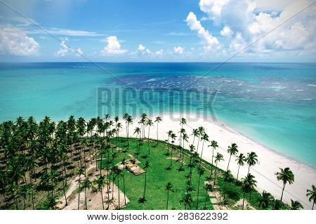 Aerial View Of Carneiros Beach, Tamandaré, Pernambuco, Brazil. Great Beach Scene. Beautiful Landscap