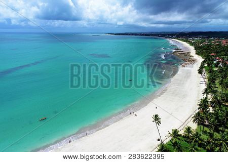 Aerial View Of Carneiros Beach, Tamandaré, Pernambuco, Brazil. Great Beach Scene. Beautiful Landscap