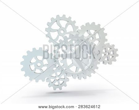 A Cluster Of Interlocking Metal Gears. 3d Rendering
