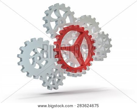 A Cluster Of Interlocking Metal Gears. 3d Rendering