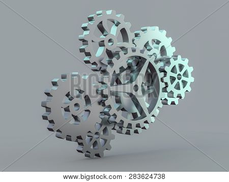 A Cluster Of Interlocking Metal Gears. 3d Rendering