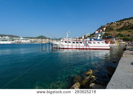 Kusadasi, Turkey - May 23, 2015: Sightseeng Tourist Boats At Port Of Kusadasi, Turkey.