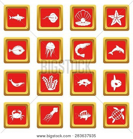 Sea Animals Icons Set In Red Color Isolated Illustration For Web And Any Design