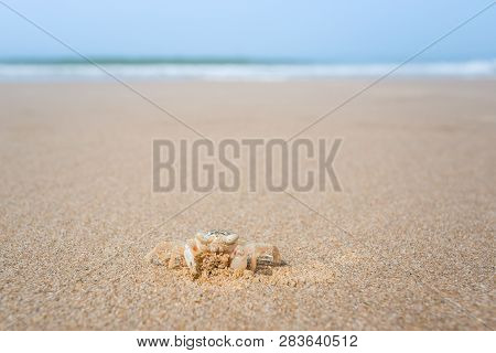 A White Ghost Crab With Protruding Eyes Makes A Funny Face,  Beautiful Beach Backdrop In Thailand.