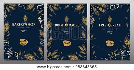 Set Of Bakery Backgrounds With Wheats. Linear Graphic. Bread Banner Collection. Bread House. Vector 