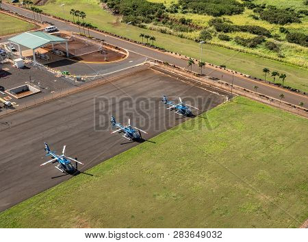 Lihue, Kauai - January 19, 2018: Blue Hawaiian Eco Star Helicopters On The Ground At Lihue