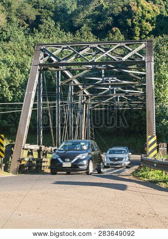 Hanalei, Kauai - January 22, 2019: Famous Steel Girder Bridge On The Road To Hanalei From Princevill