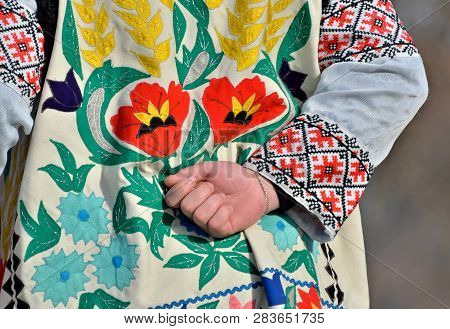 Beautiful Ethnic Ukrainian Ornamental Embroidery With Flowers On Man's Shirt And Waistcoat , Bukovin