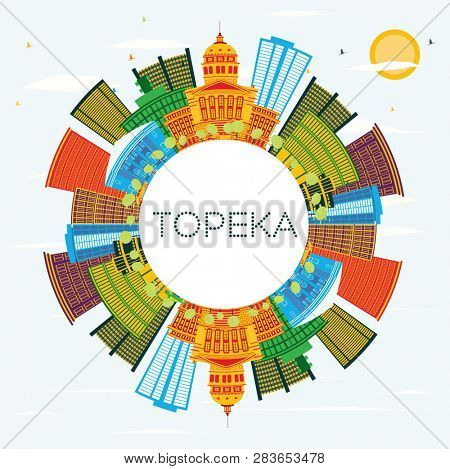 Topeka Kansas USA City Skyline with Color Buildings, Blue Sky and Copy Space. Business Travel and Tourism Concept with Modern Architecture. Topeka Cityscape with Landmarks.