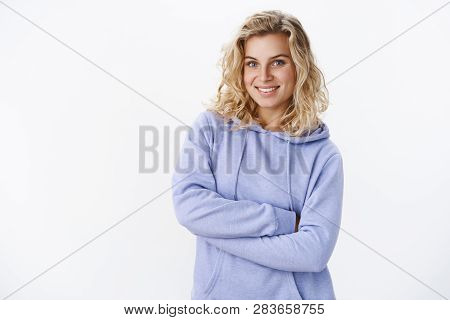 Enthusiastic And Tender Cute Blond Girl With Blue Eyes And Short Haircut In Purple Stylish Hoodie Ho