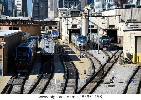 Amtrack Trains At The Bnsf Rail Yard, Chicago, Il September 12, 2018