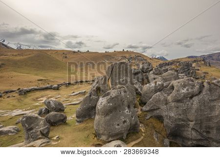 The Castle Hill Conservation Area or  Kura Tawhiti, Arthur's pass, Limestone rock formations, Southern Alps, South island, New Zealand