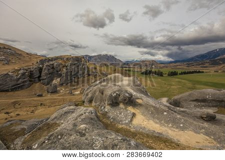 The Castle Hill Conservation Area or  Kura Tawhiti, Arthur's pass, Limestone rock formations, Southern Alps, South island, New Zealand