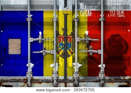 Close-up Of The Container With The National Flag Of Moldavia. The Concept Of Moldavia  Export-import