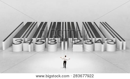 Young businessman standing in front of a big codebar