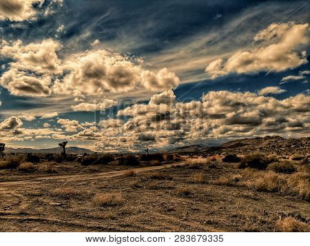 A Dirt Road In A Scrubby California Desert Landscape.